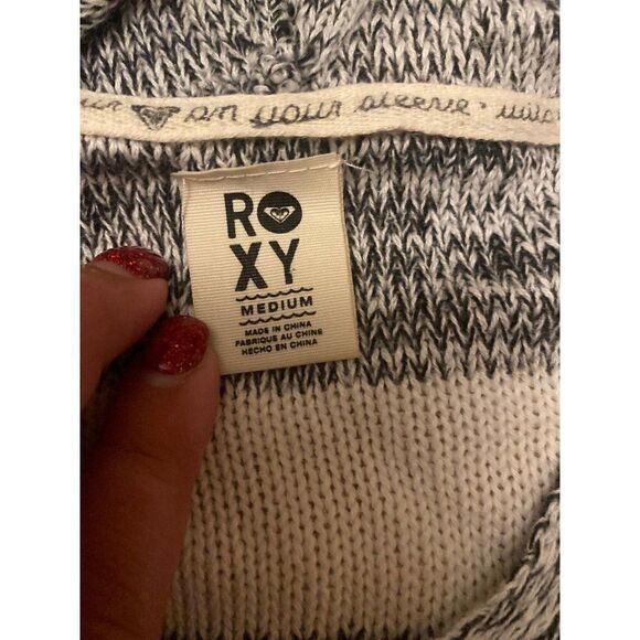 Roxy womens grey white striped v-neck hooded lightweight knit pullover sweater M - Picture 4 of 7